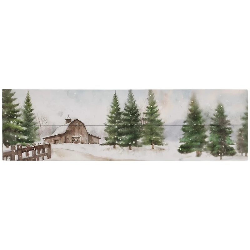 Winter Barn Scene Wood Art Print