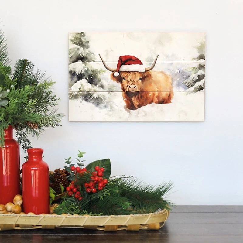 Christmas Highland Cow Wood Wall Art Print