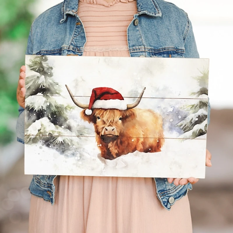 Christmas Highland Cow Wood Wall Art Print