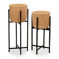 Woven Rattan Planters with Metal Stands, Set of 2