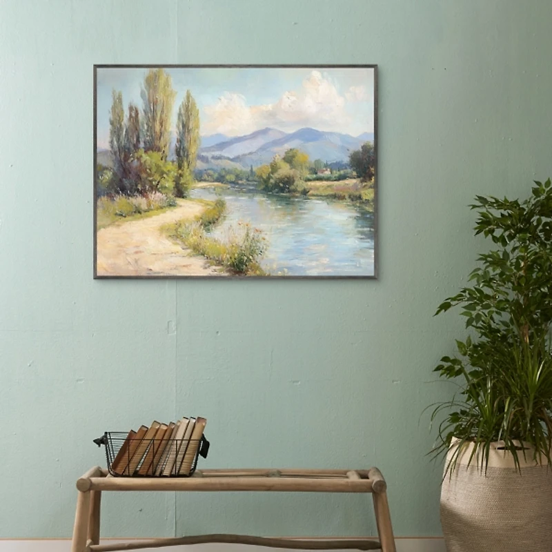 Along the Mountain River Framed Canvas Art Print