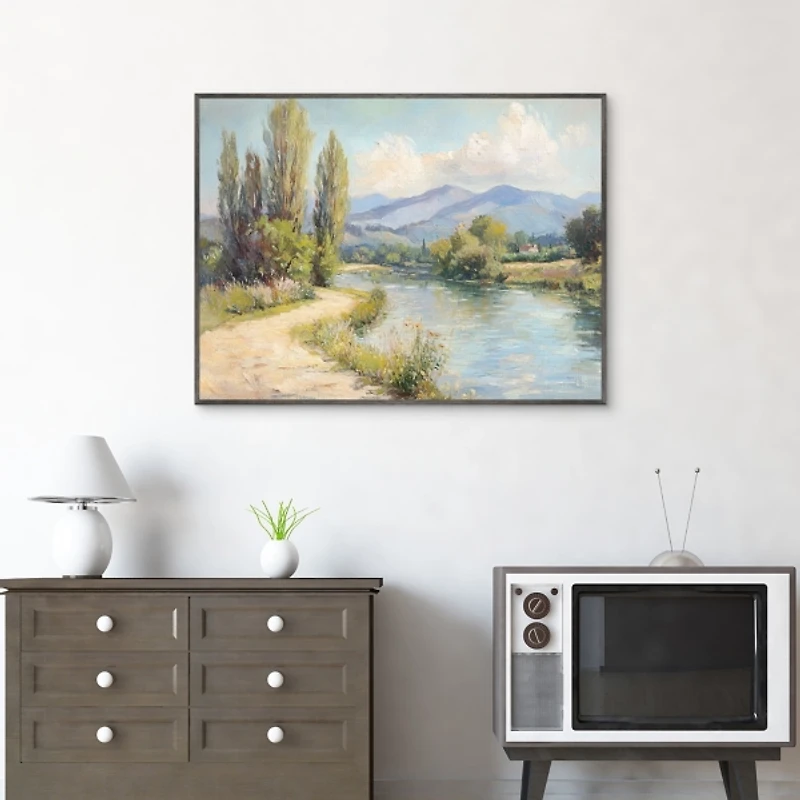 Along the Mountain River Framed Canvas Art Print