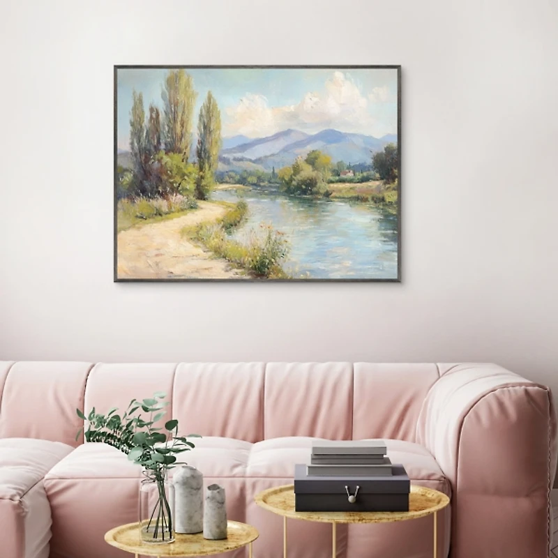Along the Mountain River Framed Canvas Art Print