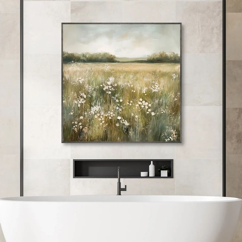 Neutral Field of Flowers Framed Canvas Art Print