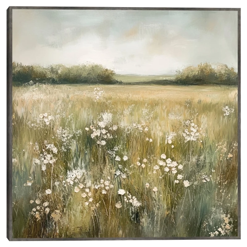 Neutral Field of Flowers Framed Canvas Art Print