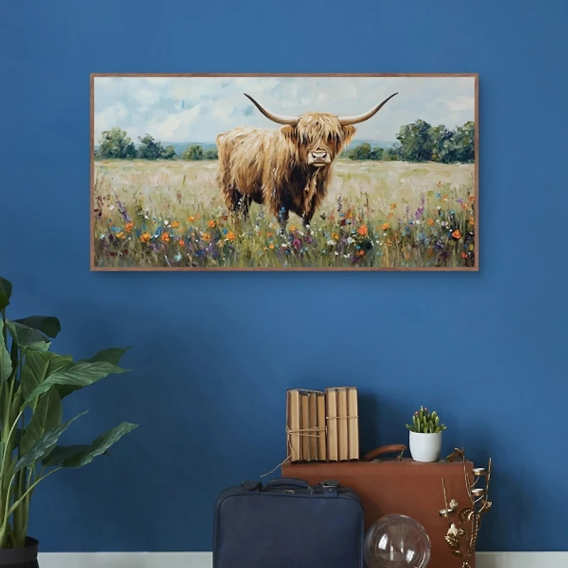 Highland Cow Meadow Framed Canvas Art Print