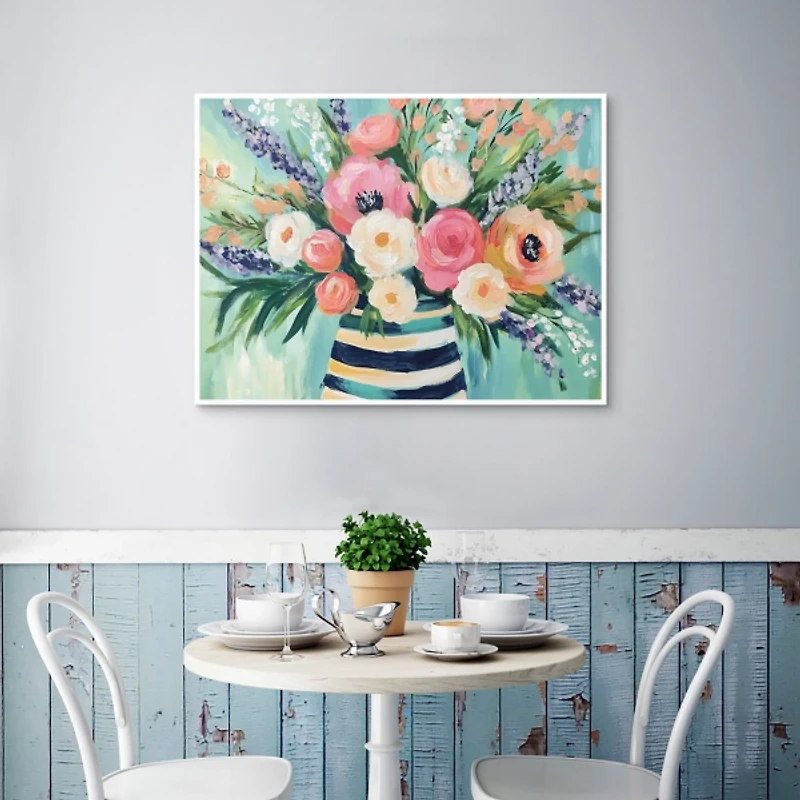 Flowers in Striped Vase Framed Canvas Art Print