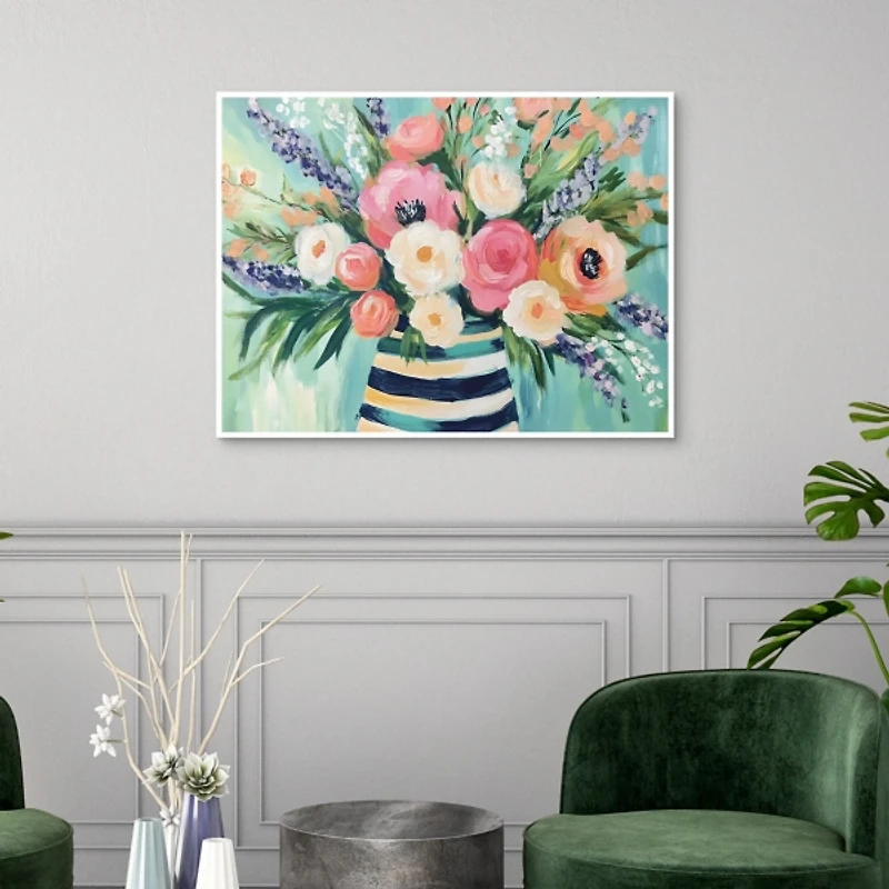 Flowers in Striped Vase Framed Canvas Art Print