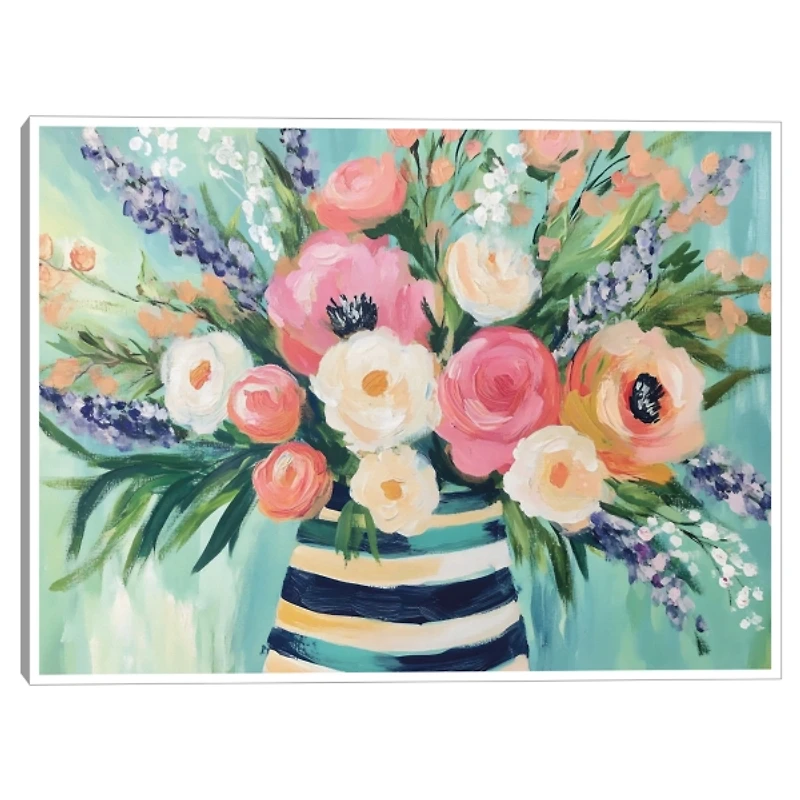 Flowers in Striped Vase Framed Canvas Art Print