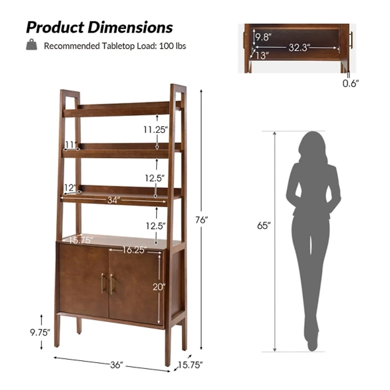 Walnut Jozef Ladder Bookcase with Cabinet