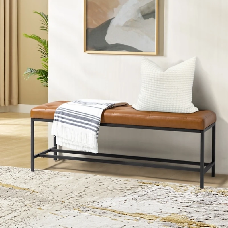 Tufted Camel Faux Leather Jakob Metal Bench