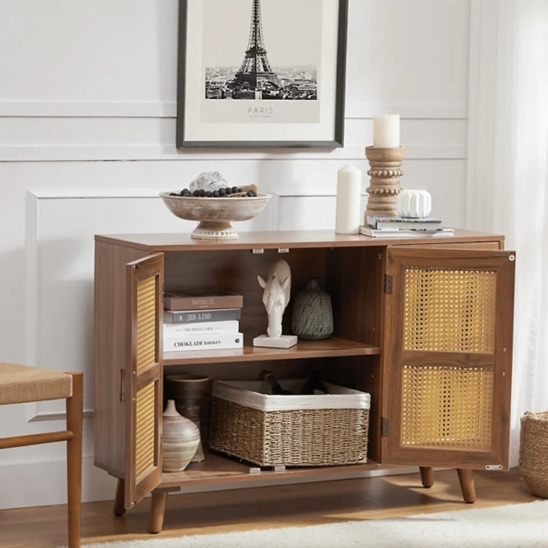 Wood and Rattan 3-Door Carlo Cabinet