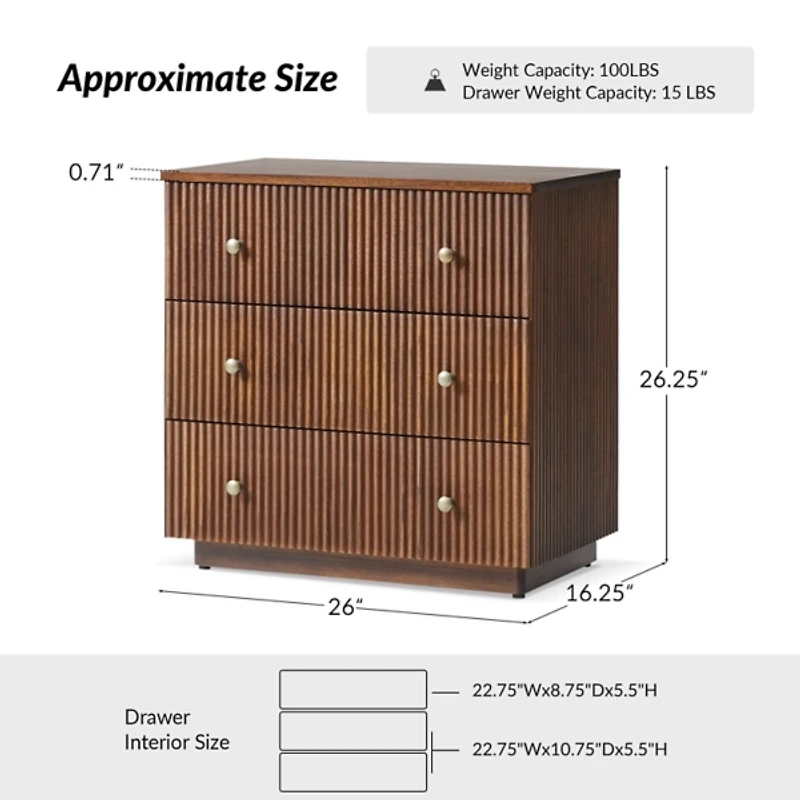 Walnut Brown 3-Drawer Albert Charging Nightstand
