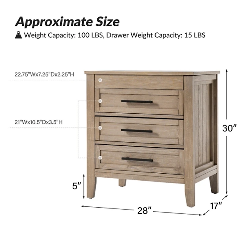 Oak Wood 3-Drawer Joachim Charging Nightstand
