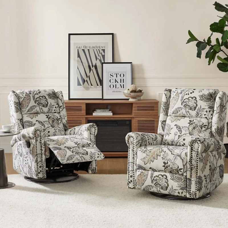 Jacobean Upholstered Harlem Swivel Recliner