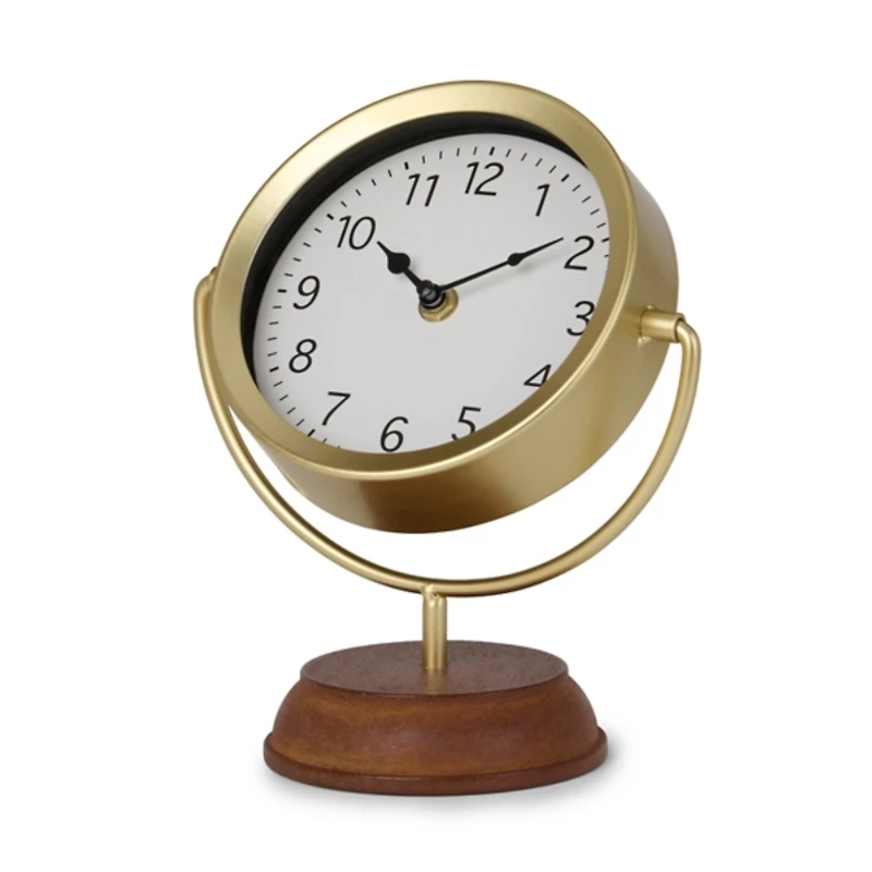 Gold Metal Wood Base Tabletop Clock