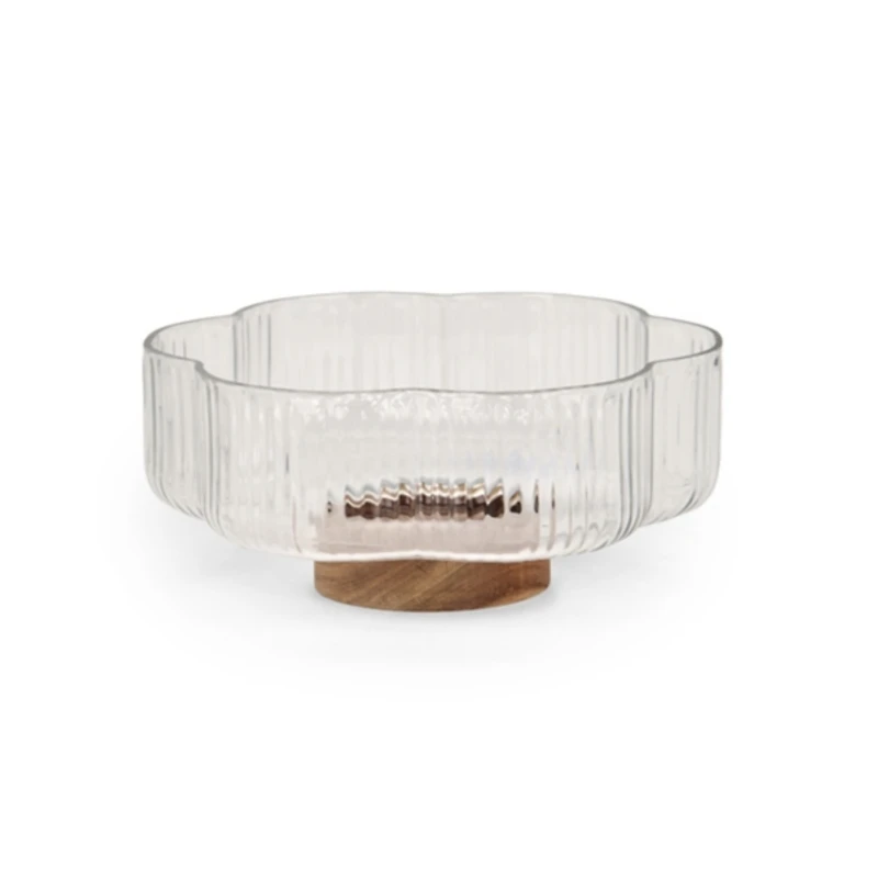Scalloped Glass Decorative Bowl on Wood Base