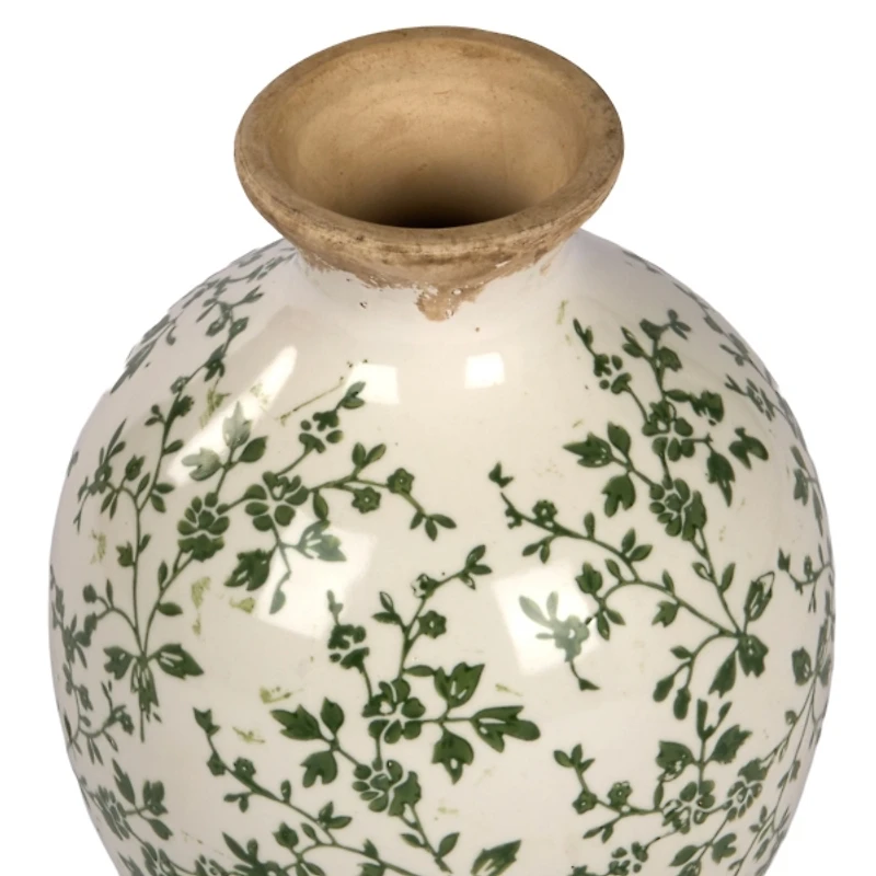 Cream and Green Floral Ceramic Vase, 12 in.