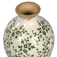 Cream and Green Floral Ceramic Vase, 12 in.