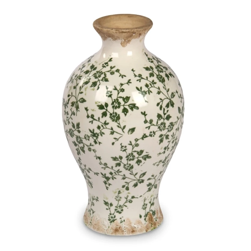 Cream and Green Floral Ceramic Vase, 12 in.