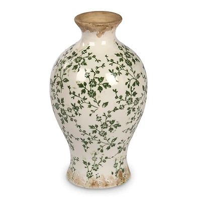 Cream and Green Floral Ceramic Vase, 12 in.