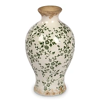 Cream and Green Floral Ceramic Vase, 12 in.