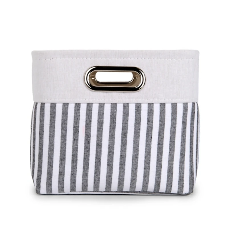 Medium Striped Linen Metal Handle Basket