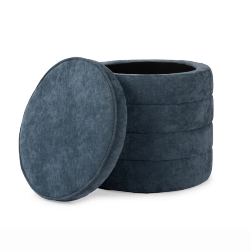 Round Blue Channeled Storage Ottoman