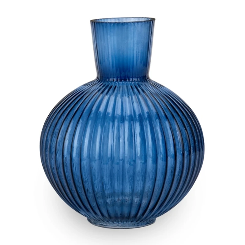 Round Blue Ribbed Glass Vase