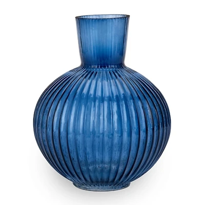 Round Blue Ribbed Glass Vase
