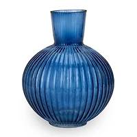 Round Blue Ribbed Glass Vase