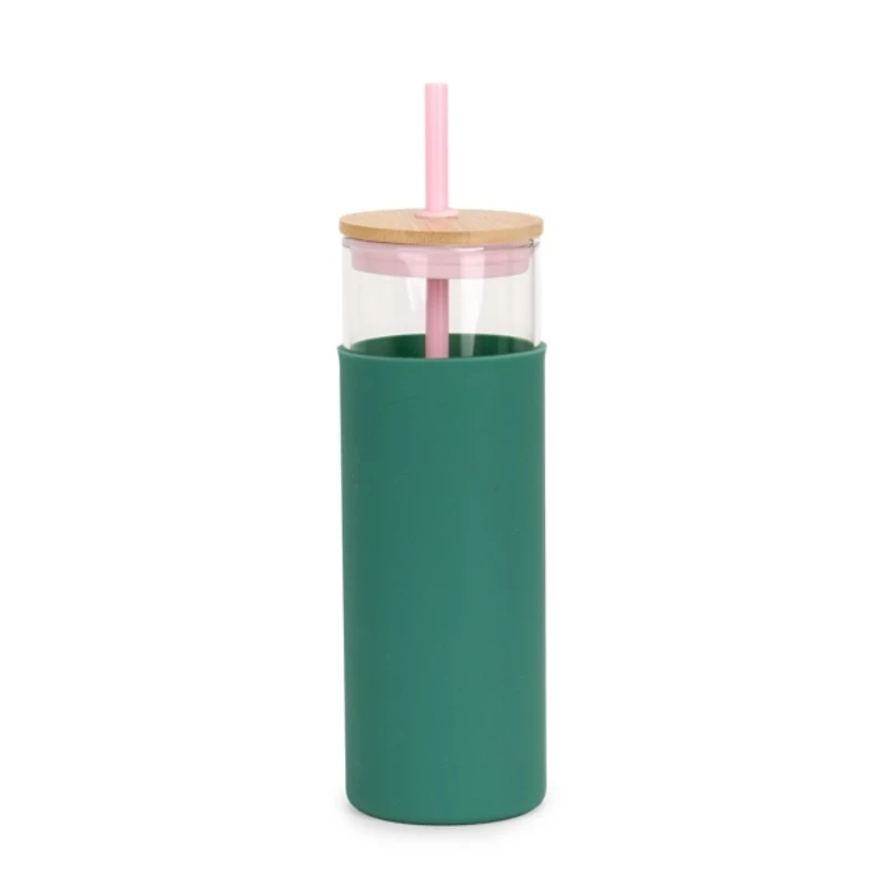 Glass Tumbler with Green Silicone Sleeve