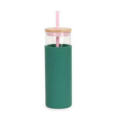 Glass Tumbler with Green Silicone Sleeve