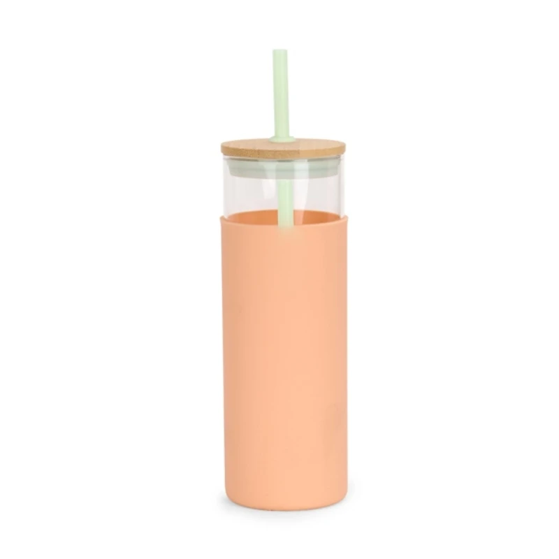 Glass Tumbler with Peach Silicone Sleeve