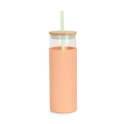 Glass Tumbler with Peach Silicone Sleeve