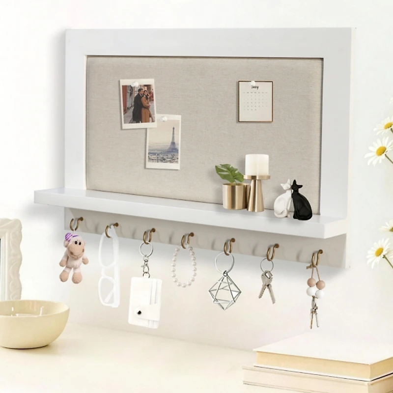 White Wood Pinboard with Shelf and Hooks