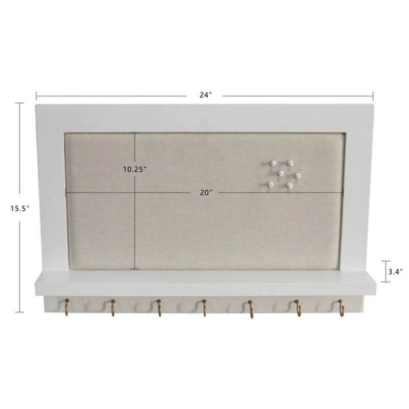 White Wood Pinboard with Shelf and Hooks