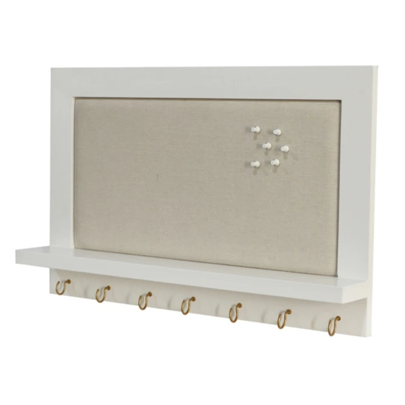White Wood Pinboard with Shelf and Hooks
