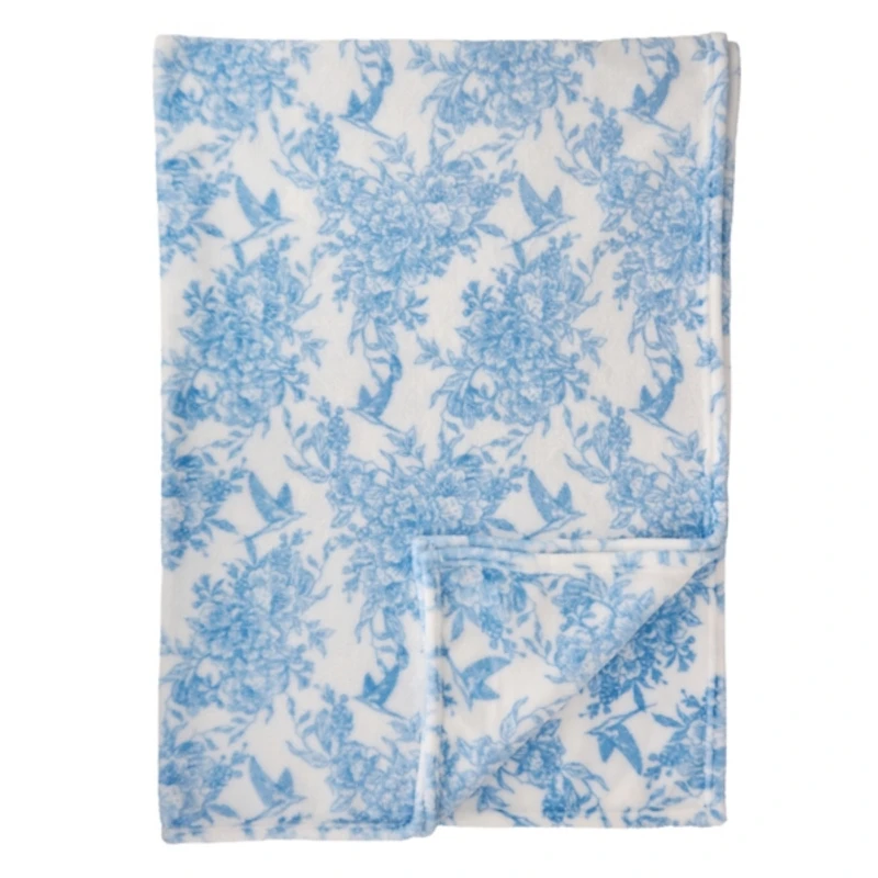 Blue Floral Toile Fleece Throw