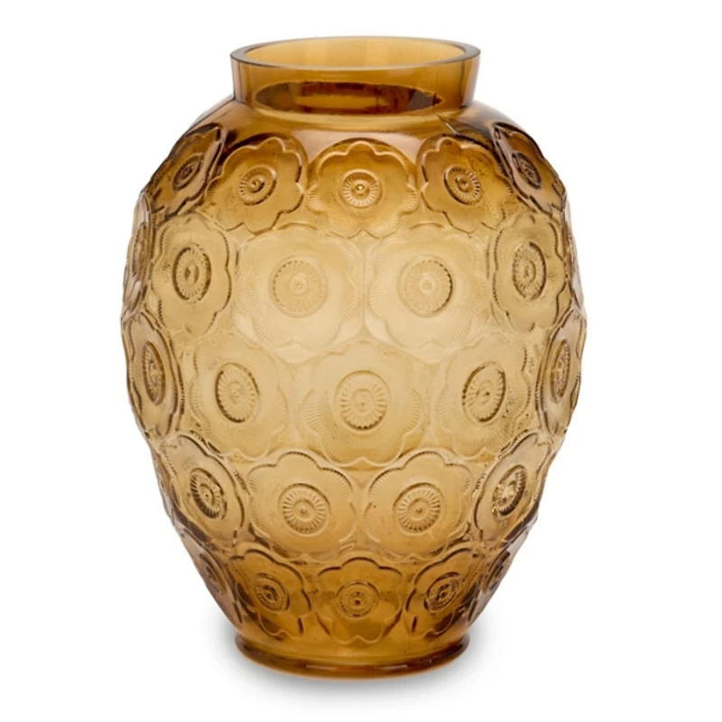 Amber Embossed Floral Glass Vase