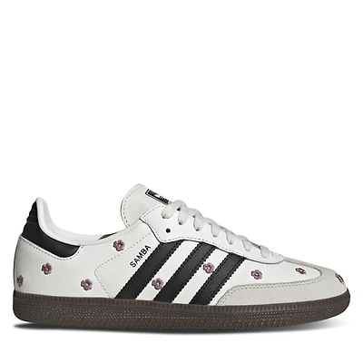 adidas Women's Samba OG Floral Embroidery Sneakers Black in White Misc, Size 11, Leather