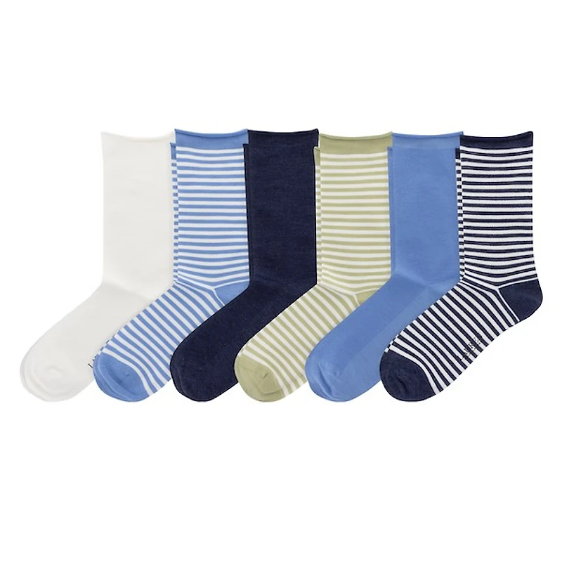 Polo Ralph Lauren Women's Striped Six Pack Roll Top Crew Socks in Blue, Polyester