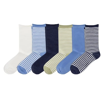 Polo Ralph Lauren Women's Striped Six Pack Roll Top Crew Socks in Blue, Polyester