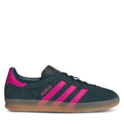 adidas Women's Gazelle Indoor Sneakers Dark Green/Pink, Suede