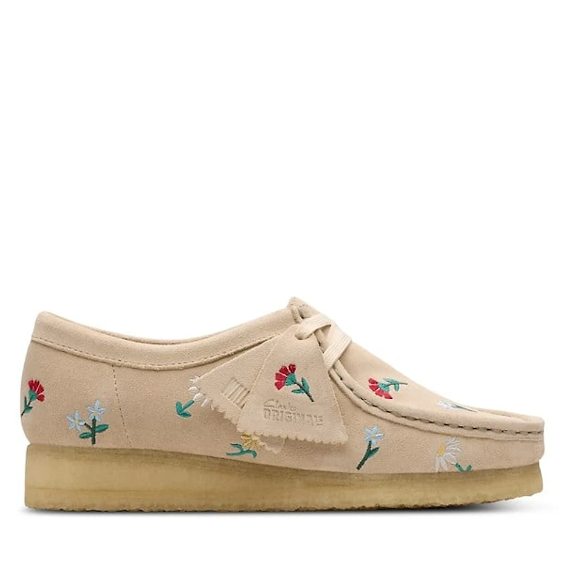 Clarks Originals Women's Wallabee Floral Embroidered Moccasin Shoes Taupe, Suede