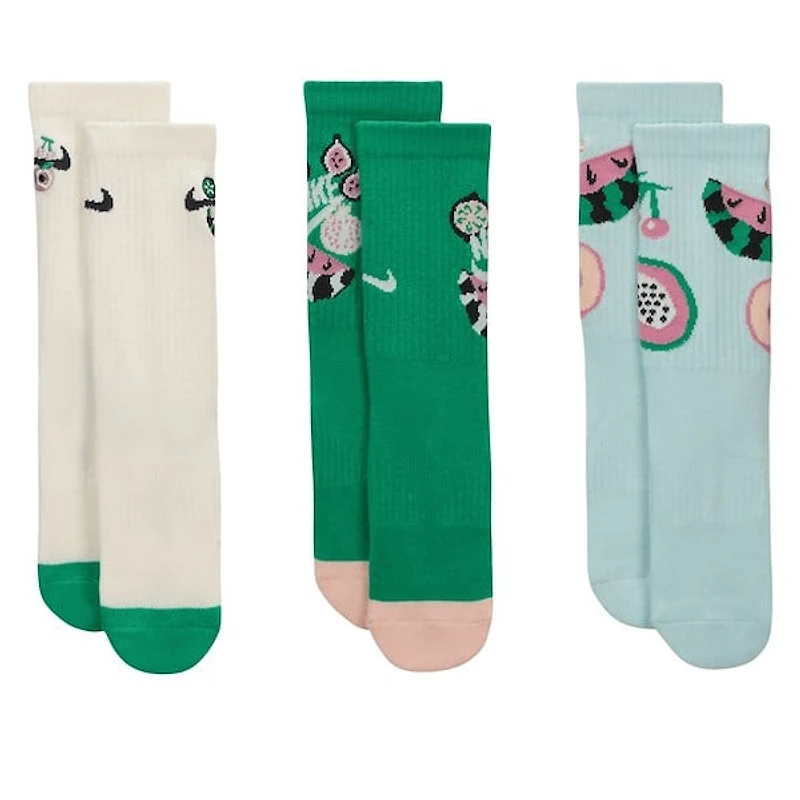 Nike Kid's Everyday Cushion Crew Socks Cream/Green/Blue, (Kids' Shoe Nylon