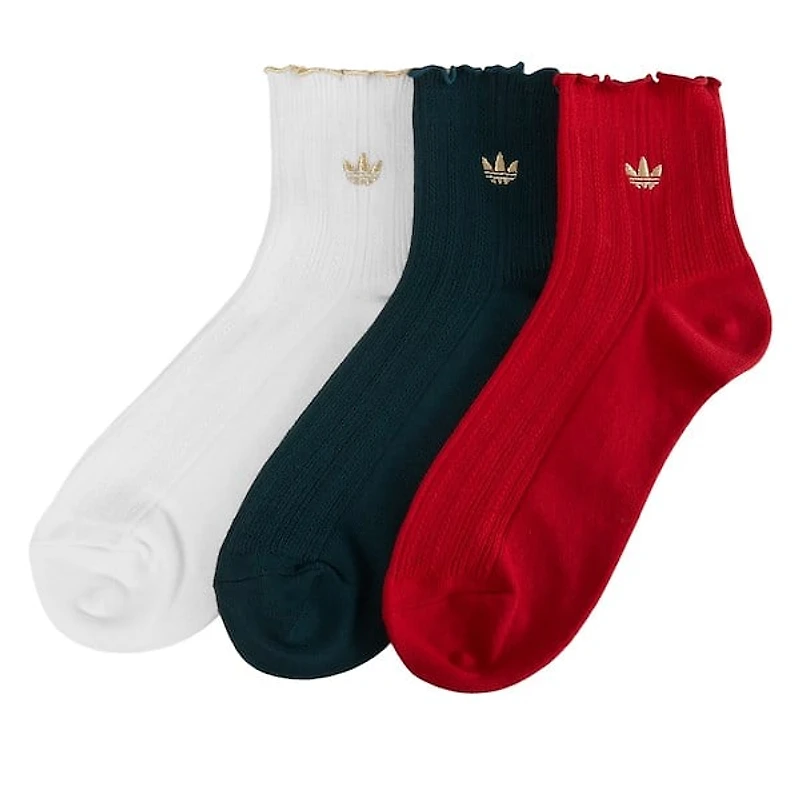 adidas Three Pack Originals Ruffle Quarter Socks White/Green/Red, Nylon