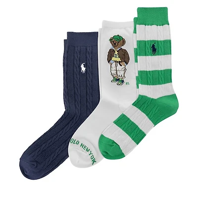 Polo Ralph Lauren Women's 3-Pack Pre-Fall Bear Crew Socks in Navy/White/Green, Polyester