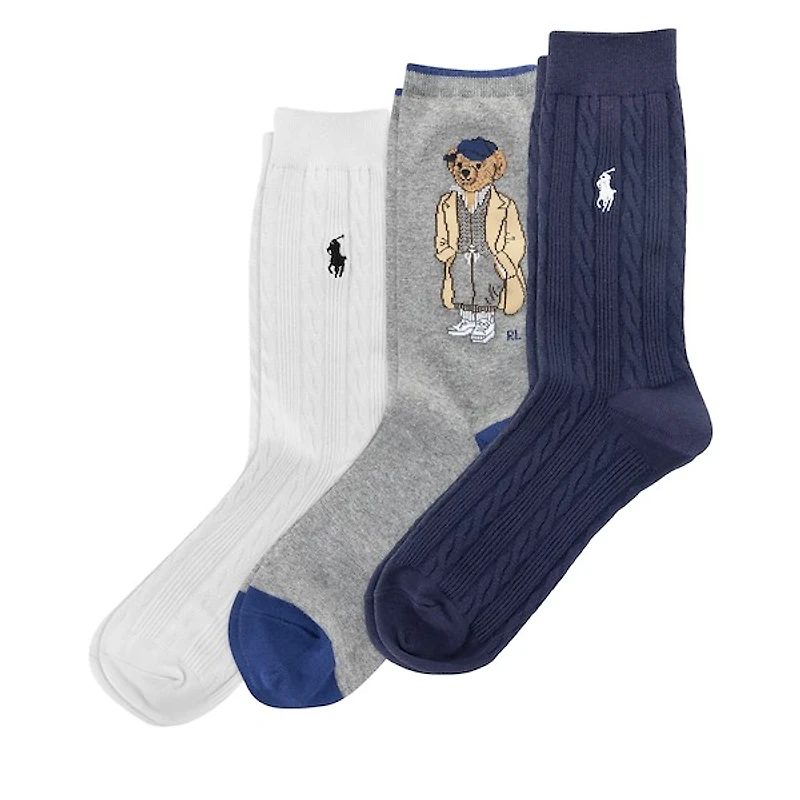 Polo Ralph Lauren Women's 3-Pack Fall Bear Crew Socks in White/Gray/Navy in Marine, Polyester