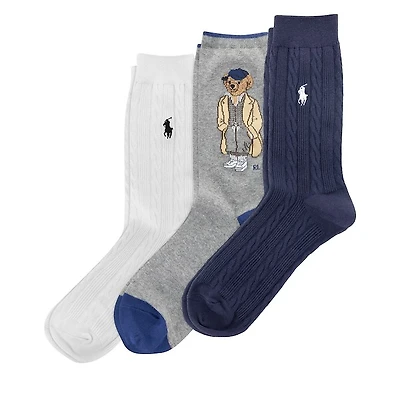 Polo Ralph Lauren Women's 3-Pack Fall Bear Crew Socks in White/Gray/Navy in Marine, Polyester